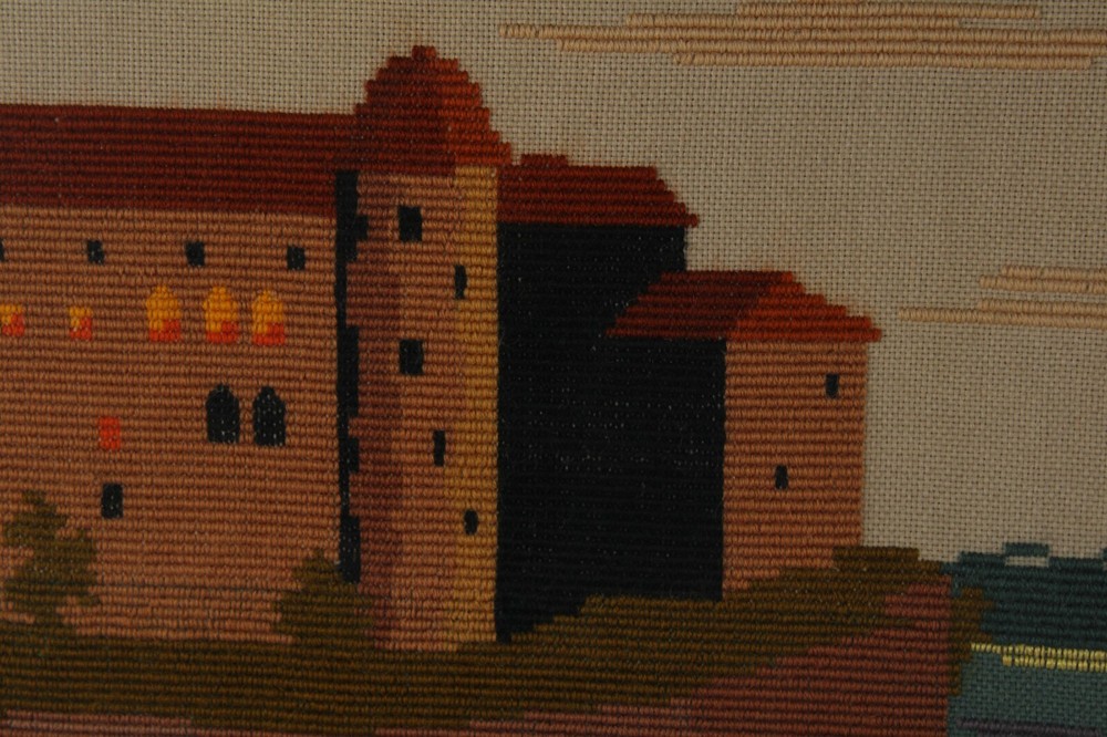 Needlepoint Mid Century Modern Boho Seaside Castle Framed Realism Needlepoint