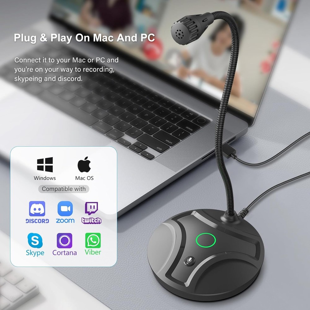Plug & Play USB Computer Microphone, Flexible Gooseneck & Mute Button LED – De