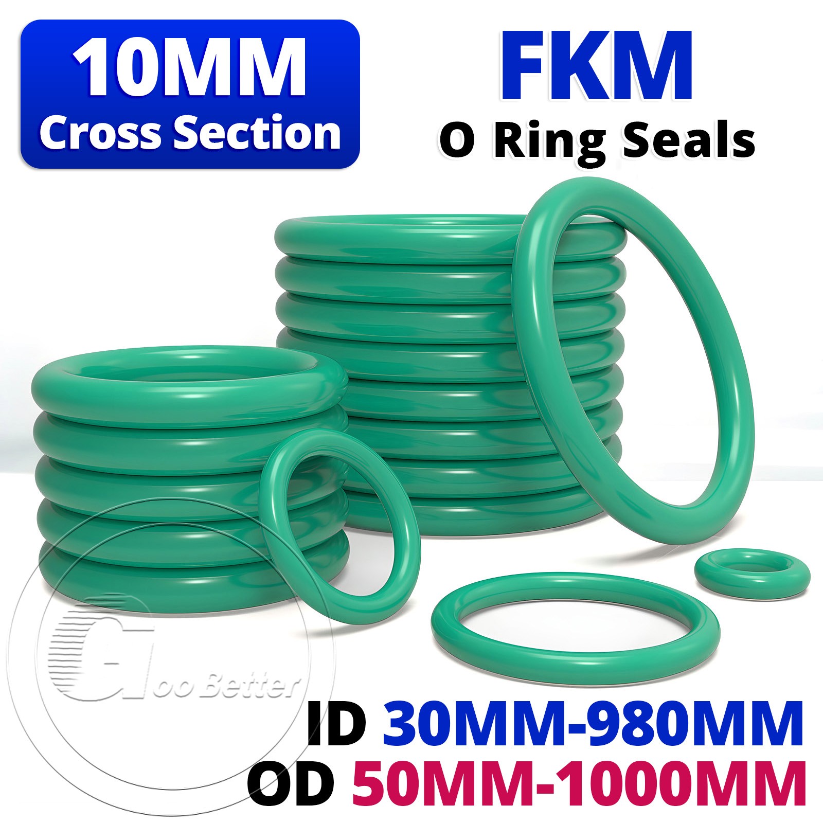 Metric Rubber FKM O Ring Seals 10mm Cross Section 50mm-1000mm OD - Green