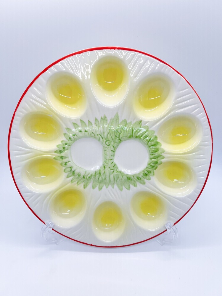 Vintage Ceramic ?Enesco Easter deviled eggs platter round, green/yellow/red  9”
