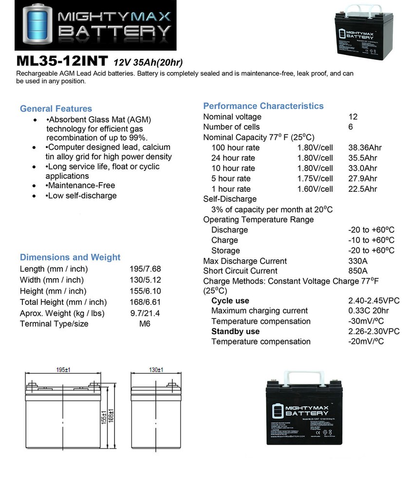 Mighty Max ML35-12INT - 12 Volt 35 AH, Internal Thread (INT) Terminal, Rechargea