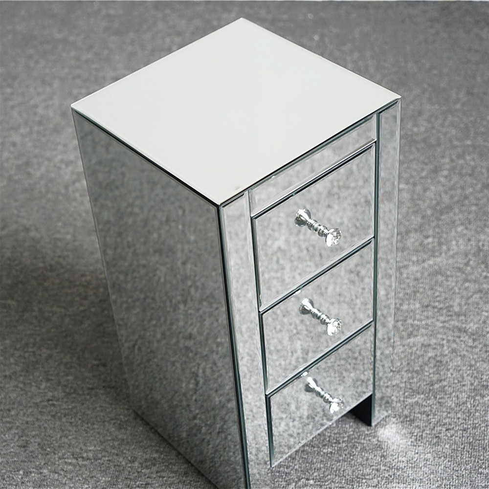 3-Drawer Mirrored Glass Bedside Table - Size S Bedroom Storage
