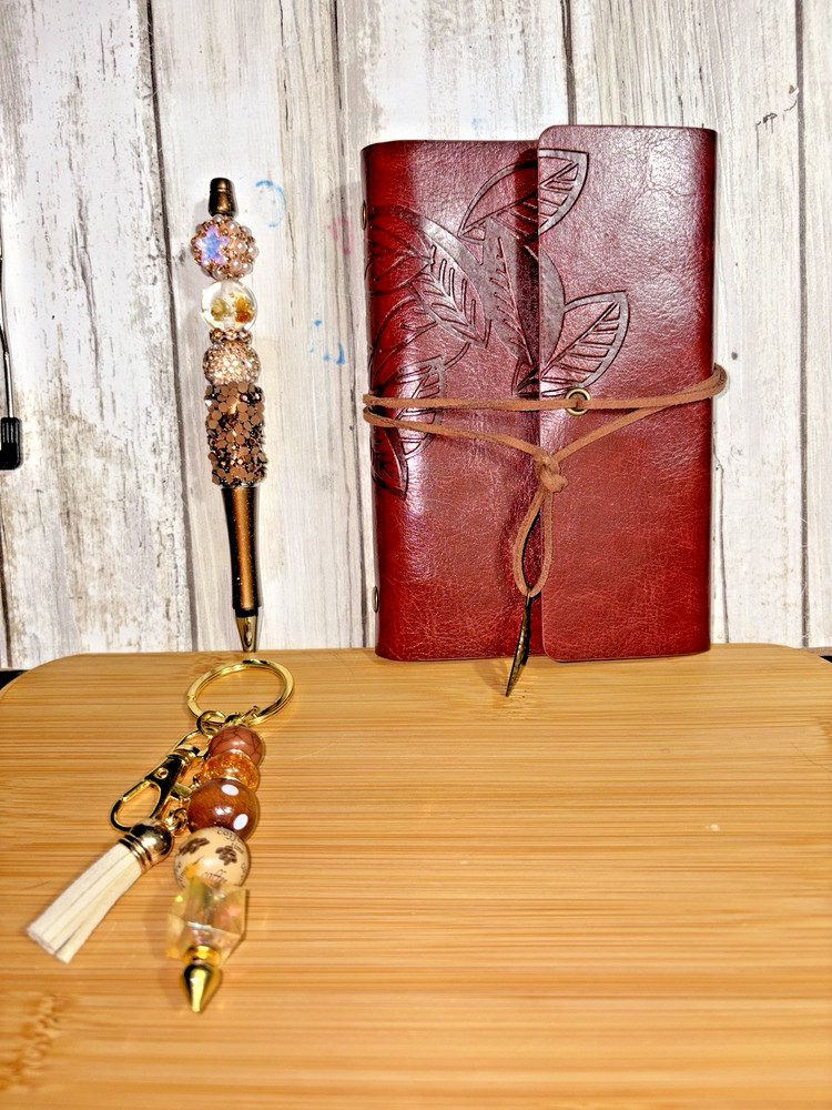 HANDCRAFTED BEADED PEN , key chain & NOTE PAD SET