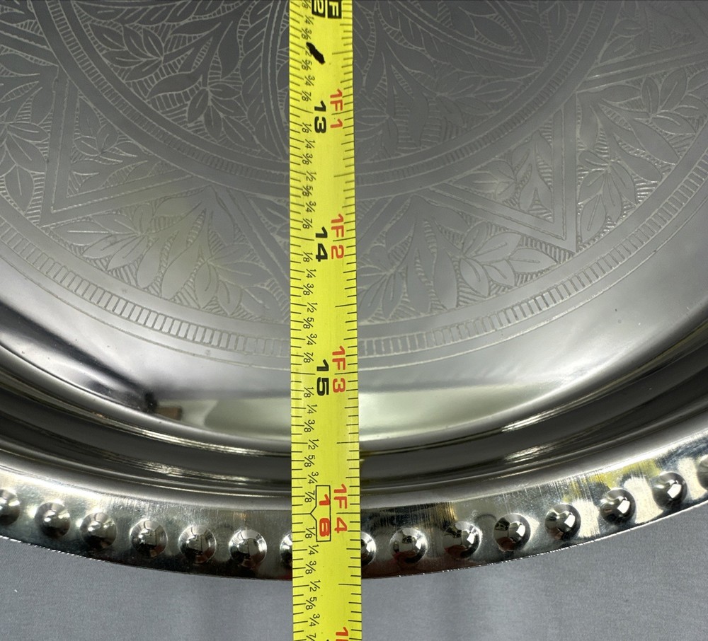 Vintage Large 16.5” Silverplate Silver Round Serving Tray w/Copper Handles India