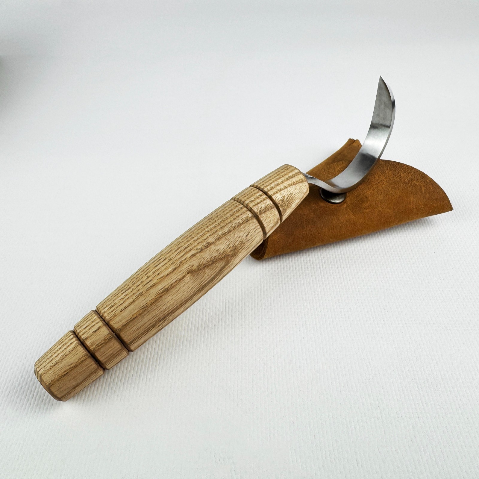 Hand-Forged Hook Knife – 52100 Steel Blade, Ash Handle, With Leather Sheath