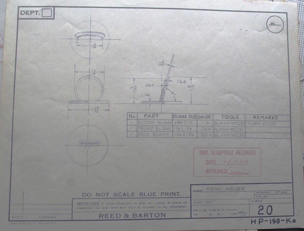 1948 Reed & Barton 22 Restaurant Silver Plate Blue Prints