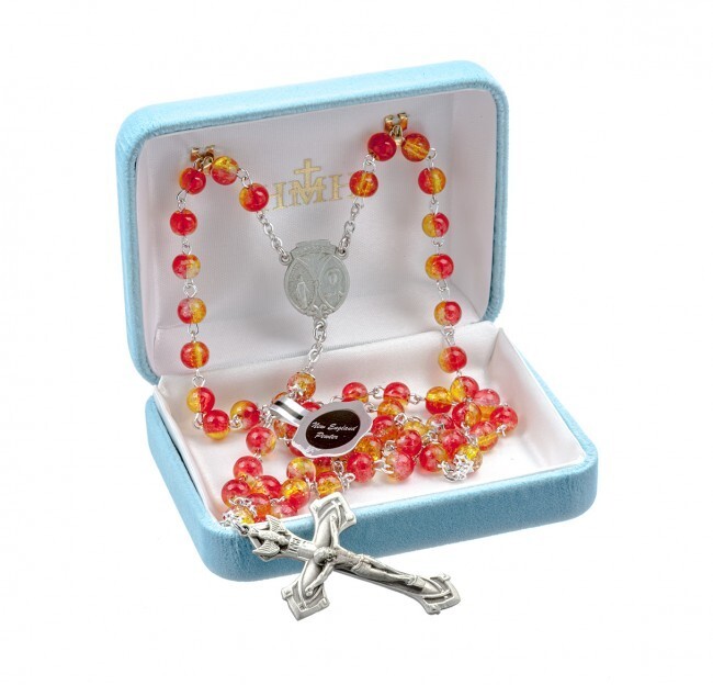 6mm Gold/Red Crackle Bead Rosary with  Pewter, 24", US Made, Gift Box