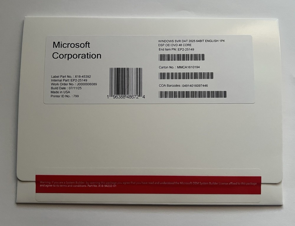 Microsoft Windows Server 2025 Datacenter 48 Core DVD+Key