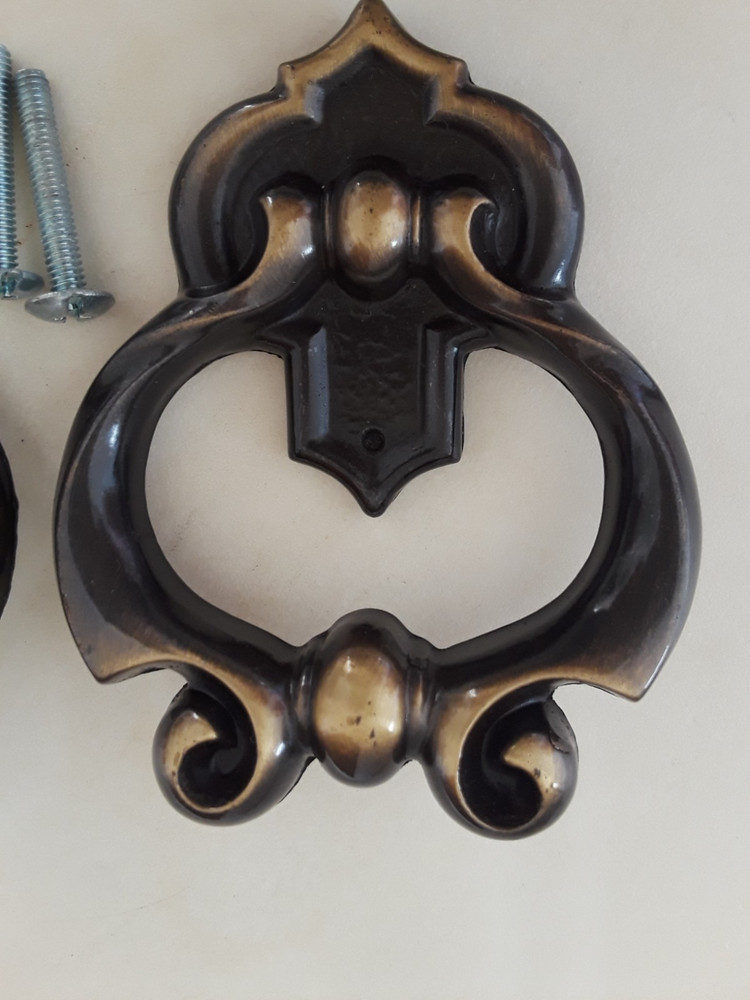 Two Antique Brass? Ornate Metal Drawer Cabinet Pull Knobs