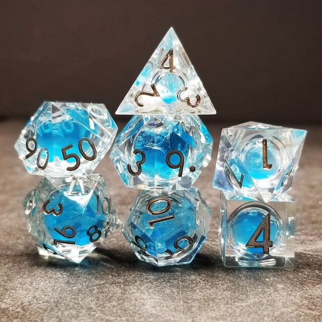Sage's Sky Souls - Sky Blue Liquid Core Sharp Edge Resin Dice Set