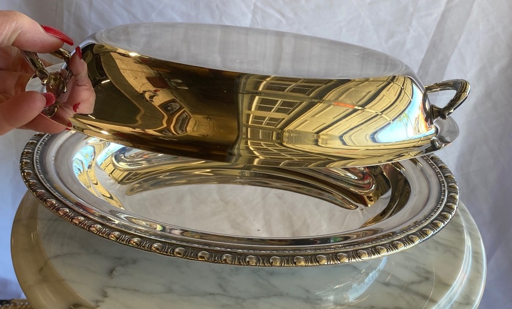 Oval Silverplate Covered Serving Dish Handles Beaded Edge