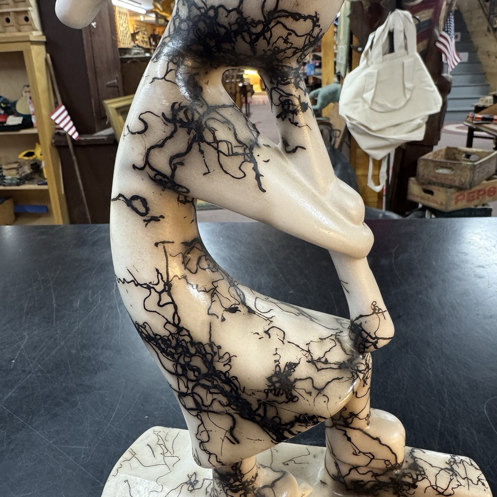 Native American Pottery Horse Hair Kokopelli Sculpture by Vail