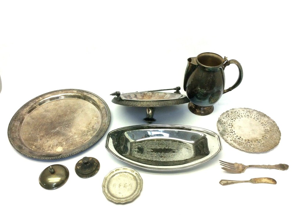 Mixed Vintage Lot Used Metal Silverplate Pewter Trays Pitcher Platters Parts