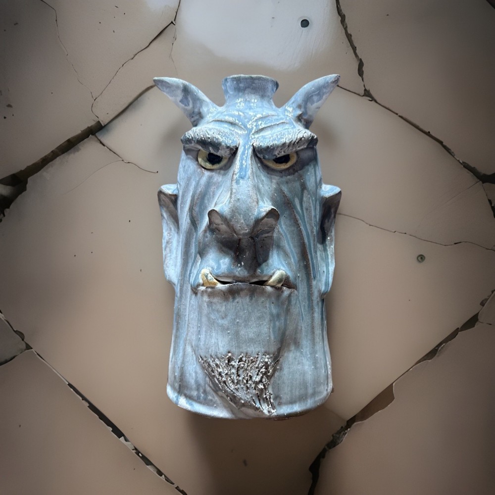 DAL BURTCHAELL Primitive Folk Art Devils Face Rustic Gray Glaze