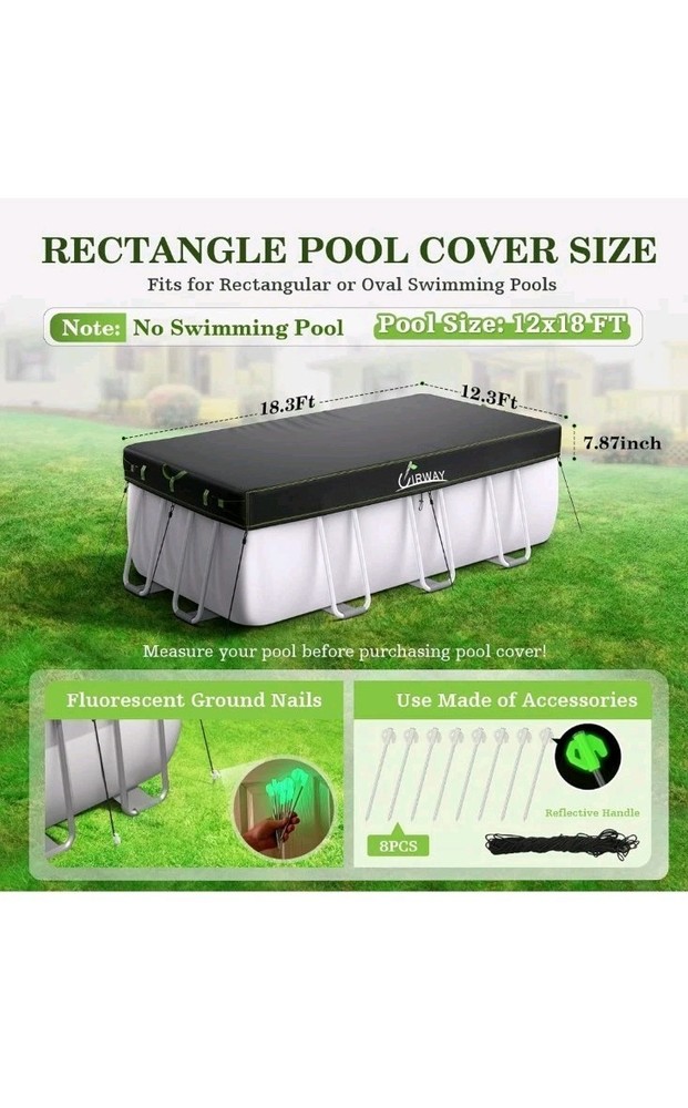 UIRWAY 12x18 FT Rectangular Pool Cover with Reflective Strips, Swimming Pool...