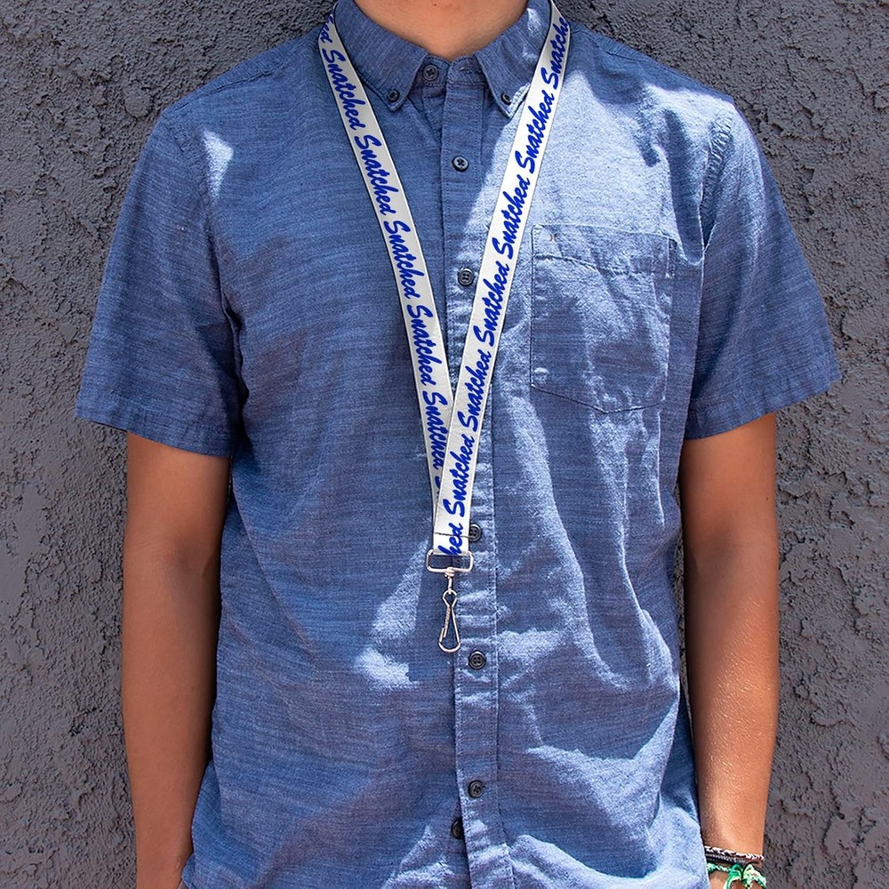 Buckle-Down Lanyard, Snatched Script White Blue, Elastic