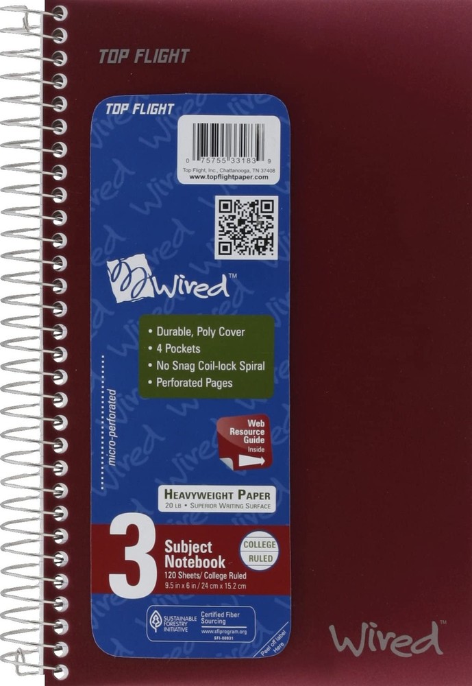 Wired 3-Subject Notebook, 120 Sheet