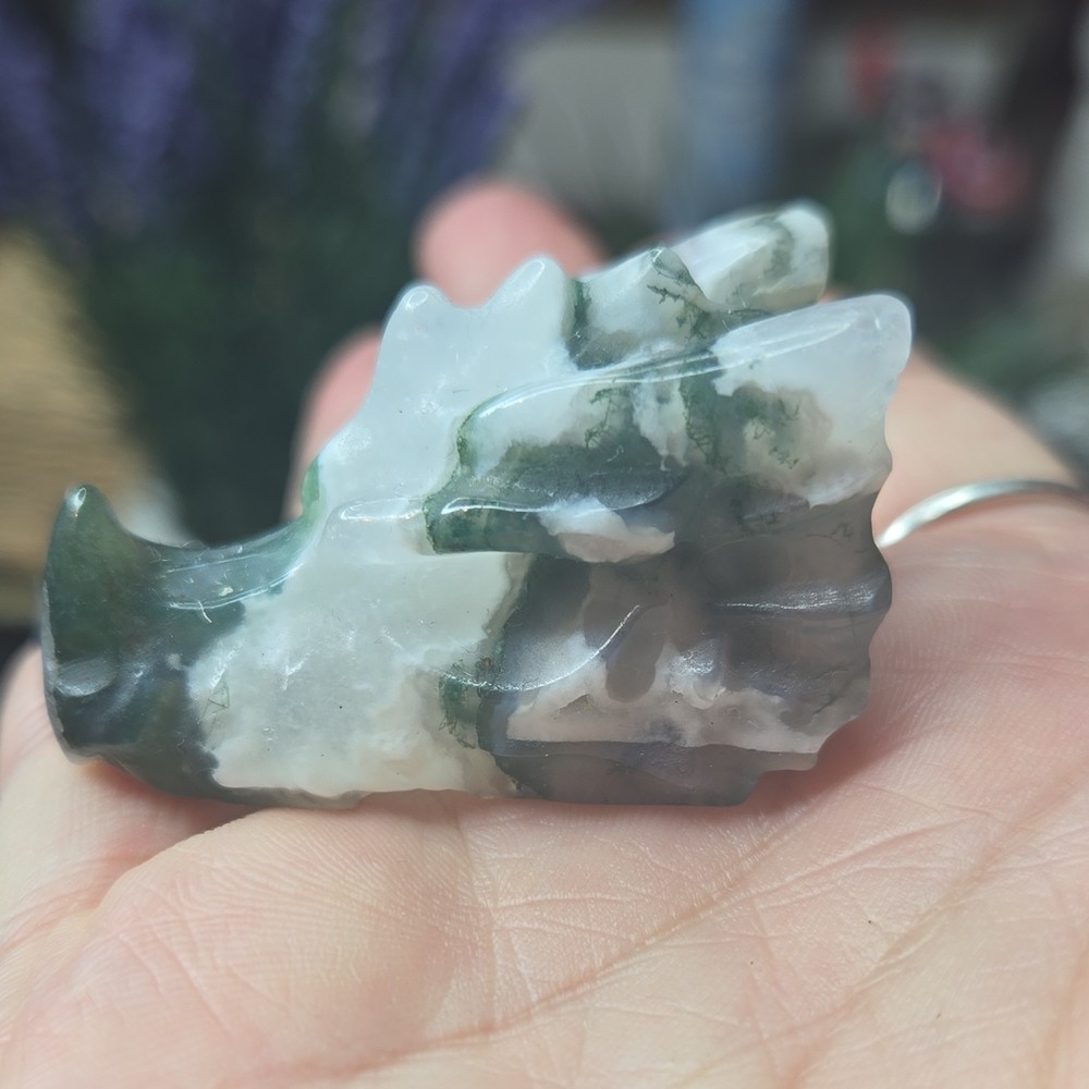 Moss Agate Dragon Head Stone Carving 1.39 oz