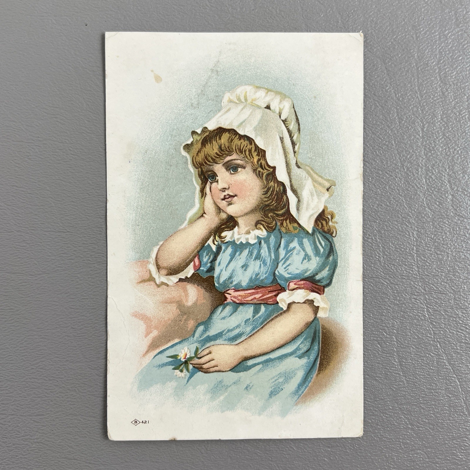 Victorian Trade Card Little Girl Blue Dress Bonnet READ 4.75x3"