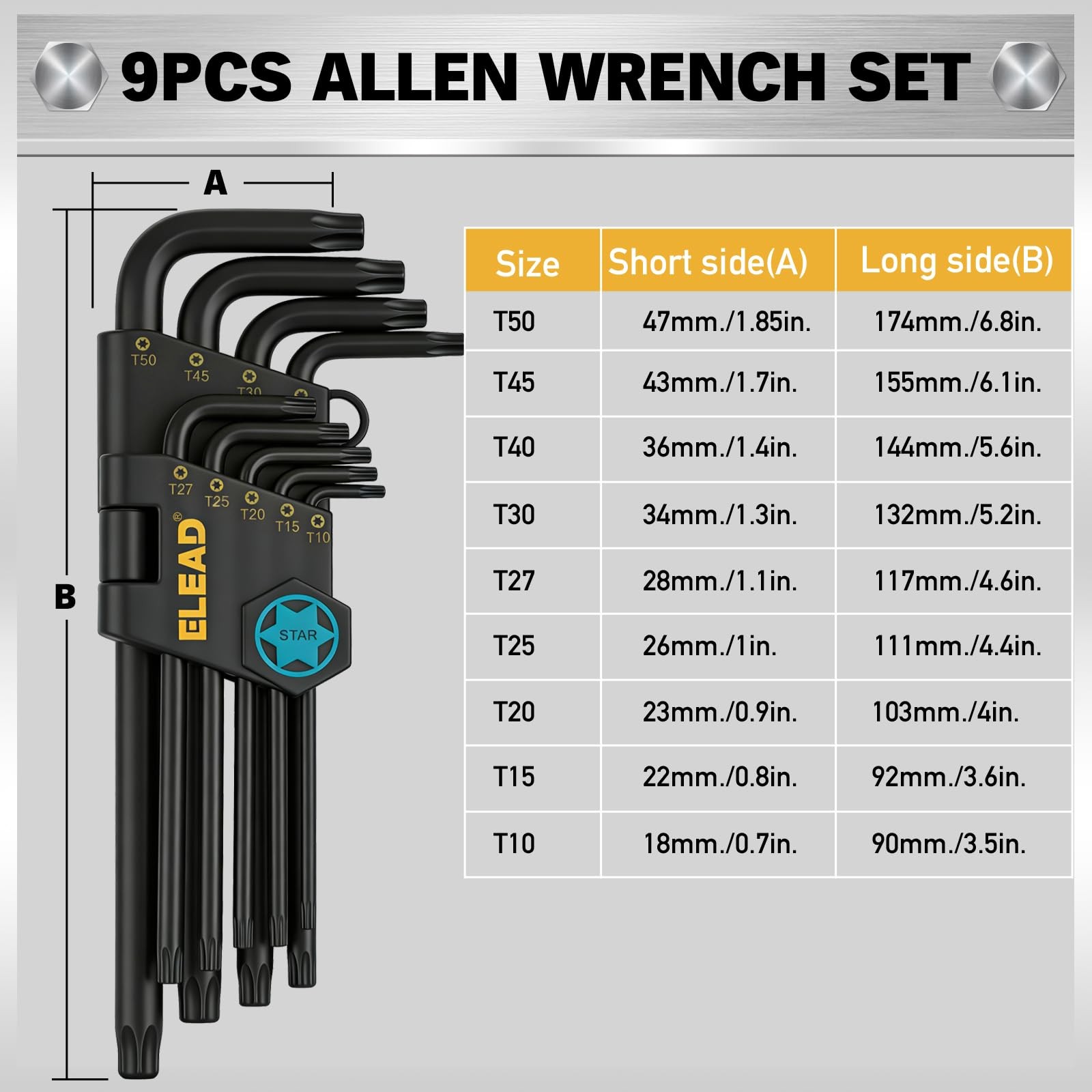 ELEAD 11Piece Torx Star Allen Wrench Set with Extension Bar, T10T50 Long Arm ...