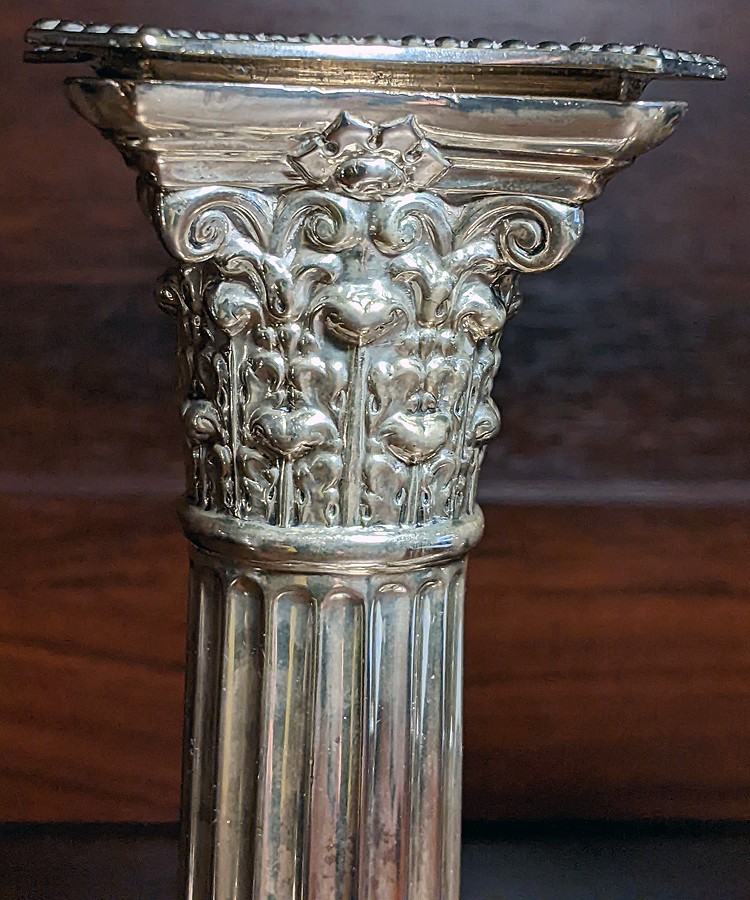 Victorian Sterling Silver Corinthian Column/Pillar Candlesticks 6 1/4" H 1905
