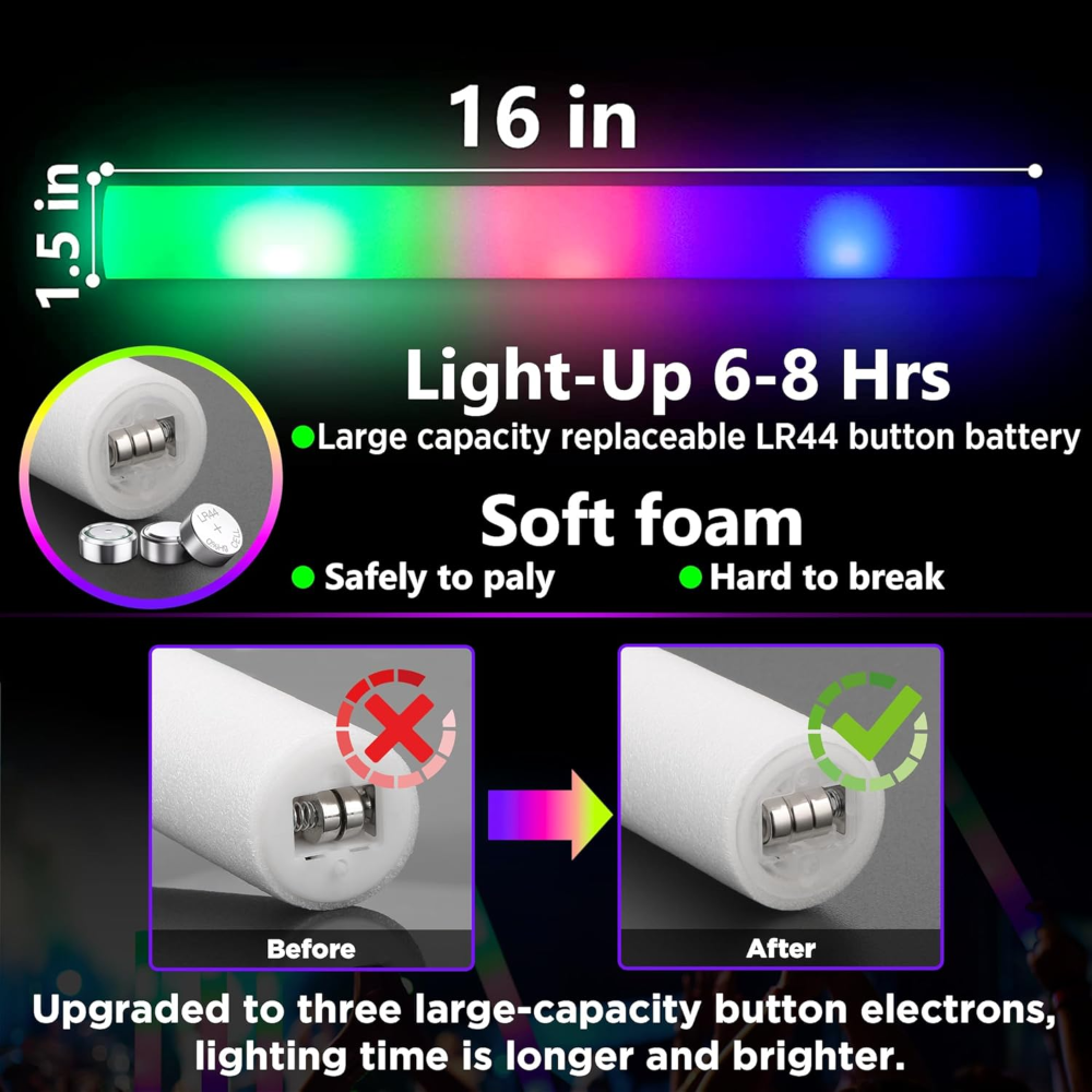 12-396 LED Light Up Foam Sticks Wand Rally Batons DJ Flashing Glow Stick Party