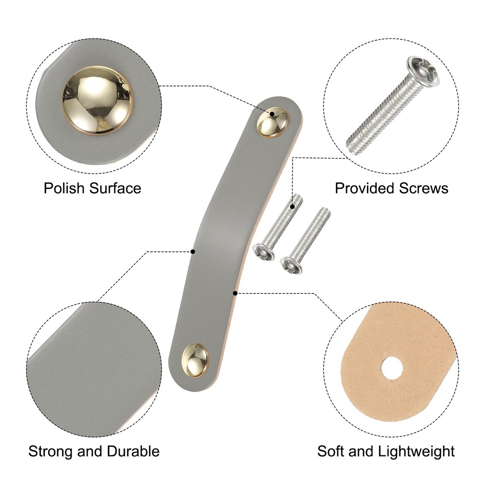 6 Packs Leather Drawer Pulls Double Hole Knobs, Grey/Gold(Hole Spacing:96mm)