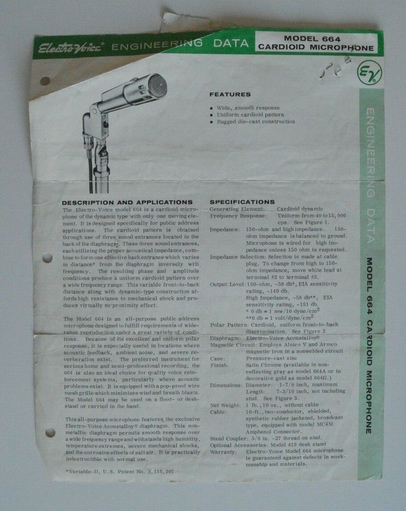 ELECTRO-VOICE model 664 cardioid microphone Engineering data sheet brochure