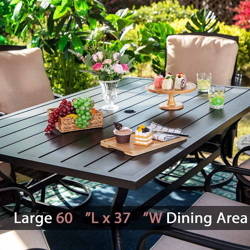 60" Outdoor Dining Table Metal Rectangular Patio Dining Table with Umbrella Hole