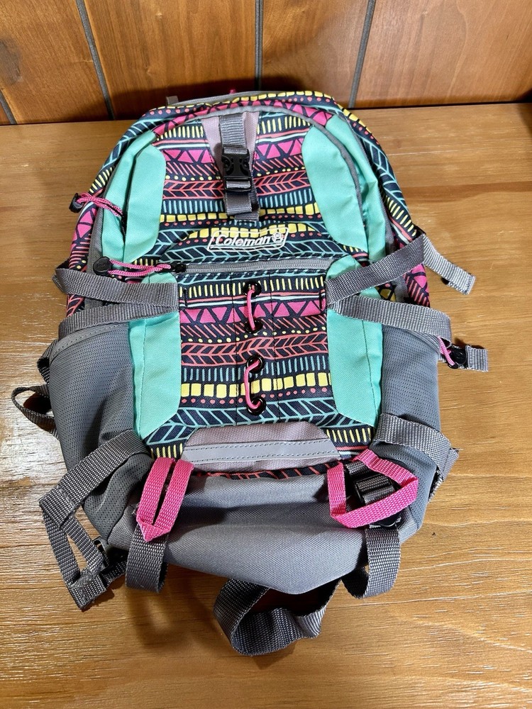 Coleman Hydration Backpack Multi Pocket Adjustable Straps Aqua And Gray