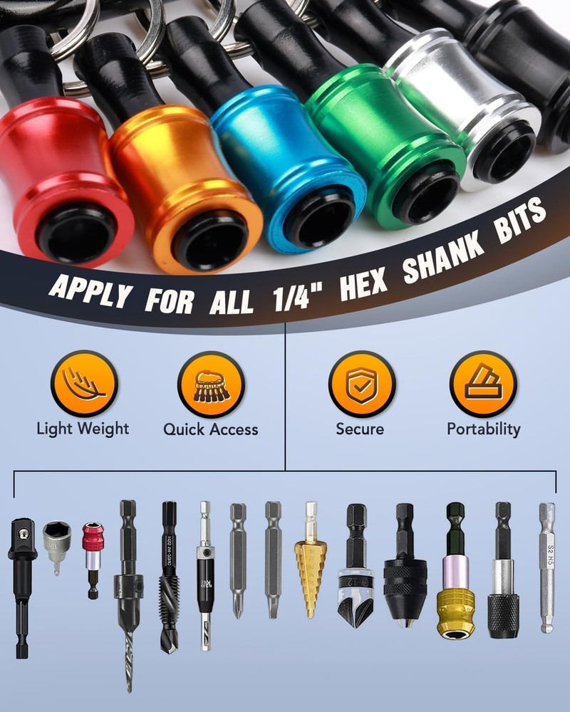 6PCS 1/4 Hex Shank Drill Bit Holders Keychain for Nut & Impact Driver Drill Bits