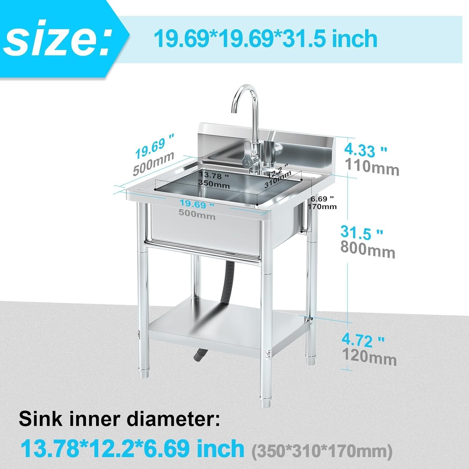 Utility Kitchen Sink Standing Stainless Steel Commercial Restaurant Laundry Sink