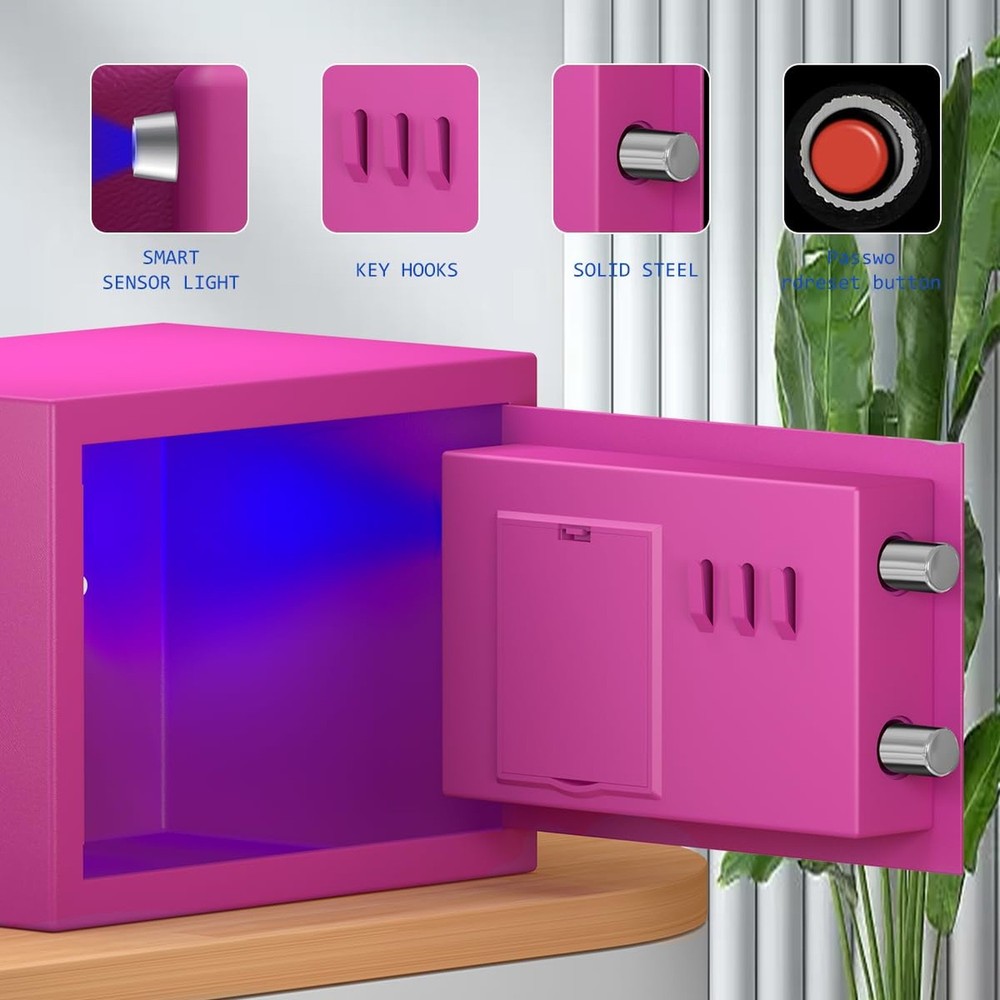 Pink Safe Box with Sensor Light, Electronic Digital Keypad, Steel Constructio...