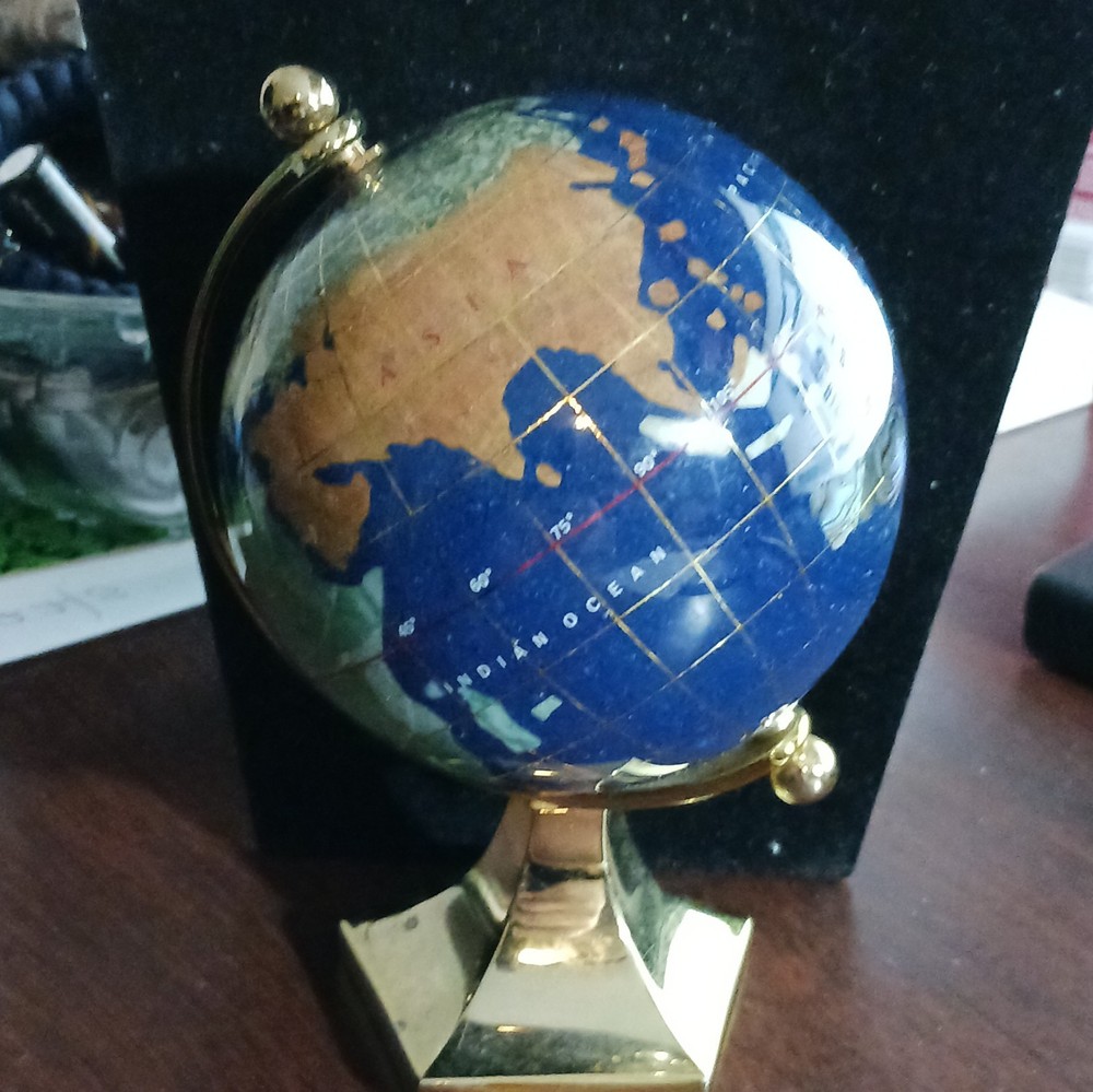 Decorative Small Gemstone Tabletop Globe Multicolor Rotating Metal Base Glossy