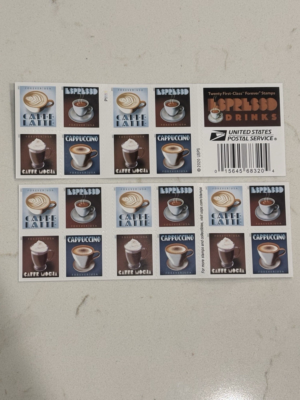 USPS Postage Stamps Sheet of 20 First Class Letter Espresso Drinks Forever stamp