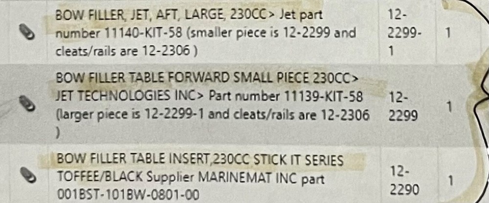 Edgewater 230 CC, Bow Filler Table Set, 2 Pieces, w/ Table Inserts, NEW, OEM