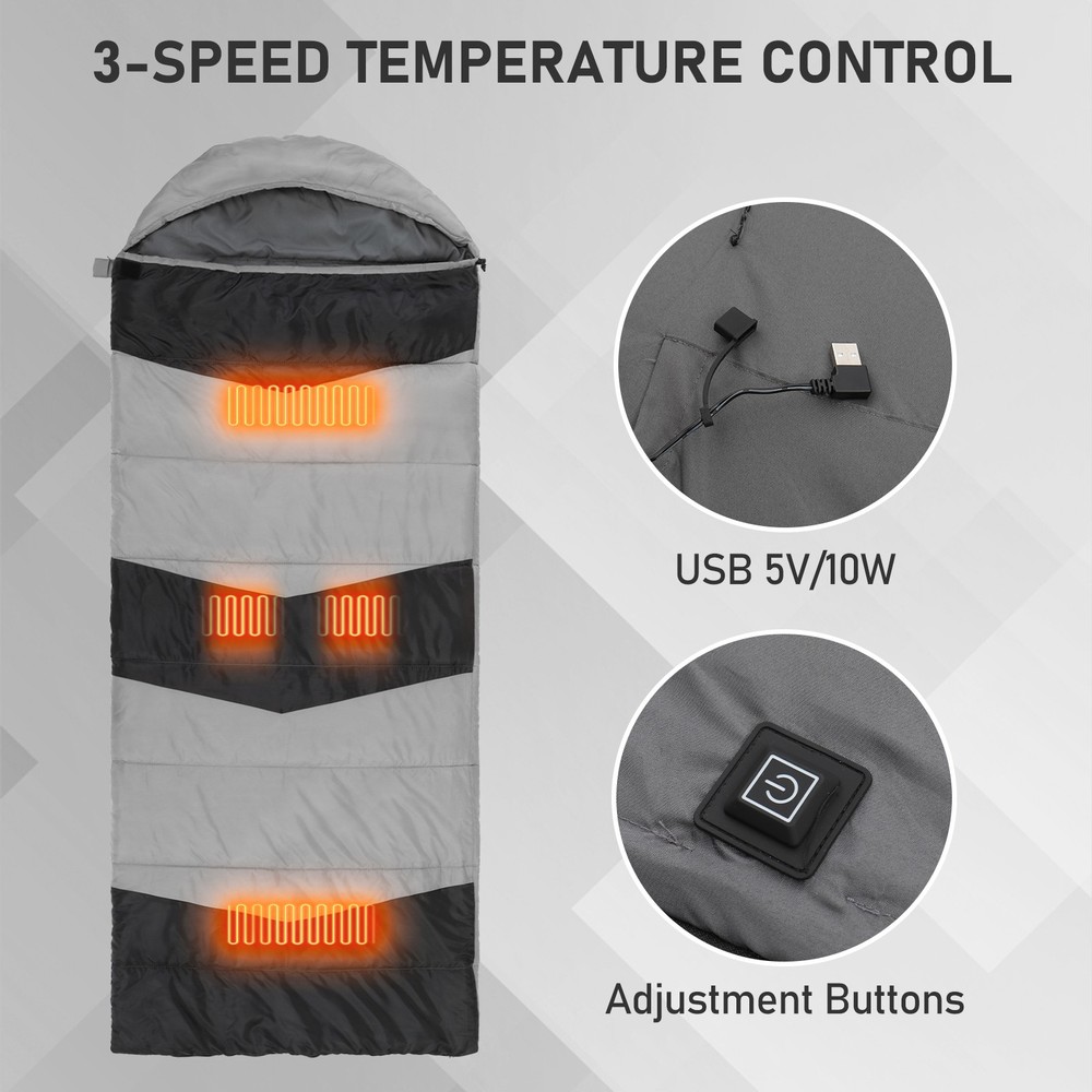Rectangular Heated Sleeping Bag,Gray,USB‑Powered HeatingPads,Waterproof,210×85cm