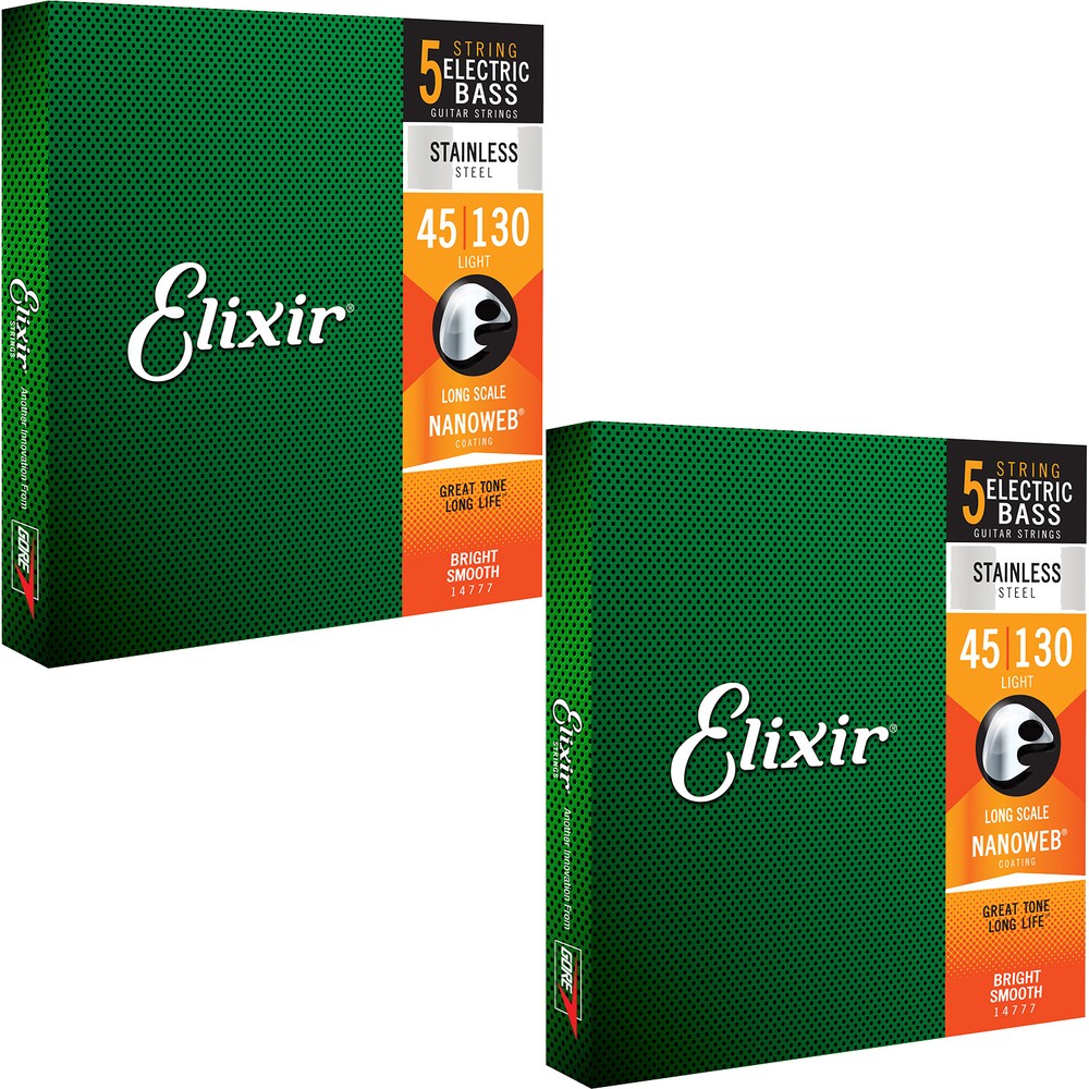 2 Sets Elixir 14777 NANOWEB Long-Scale 5-String Bass Strings Medium Light 45-130