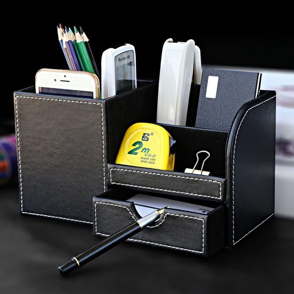 Leather Multi-function Desk Stationery Organizer Storage Box Pen/Pencil, Cards