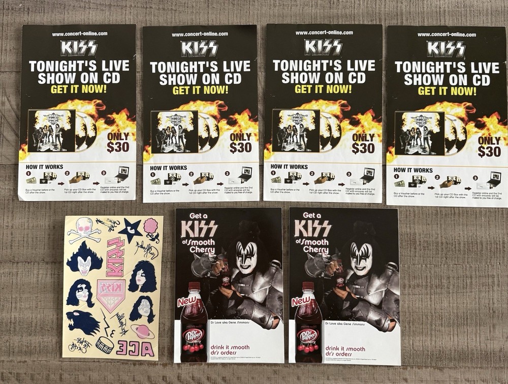 Kiss Alive 35 Concert Ad Flyers(4) Gene Simmons Dr Pepper Ads(2) Kiss Tattoos(1)