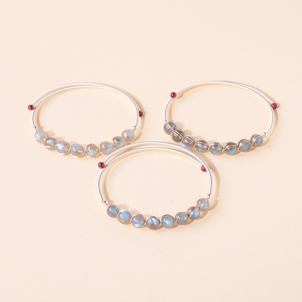 Labradorite Beaded Adjustable Silver Wire Bangle Healing Jewelry