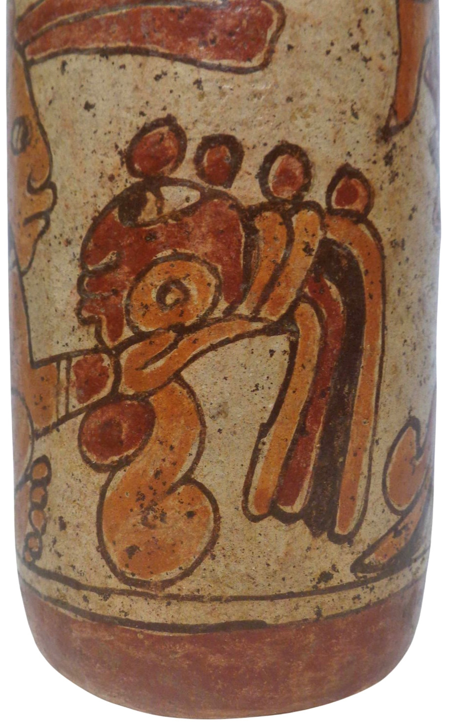 MID-CENT REPRO of PRE-COLUMBIAN HAND DEC CERAMIC CYLINDER VESSEL of SEATED DEITY