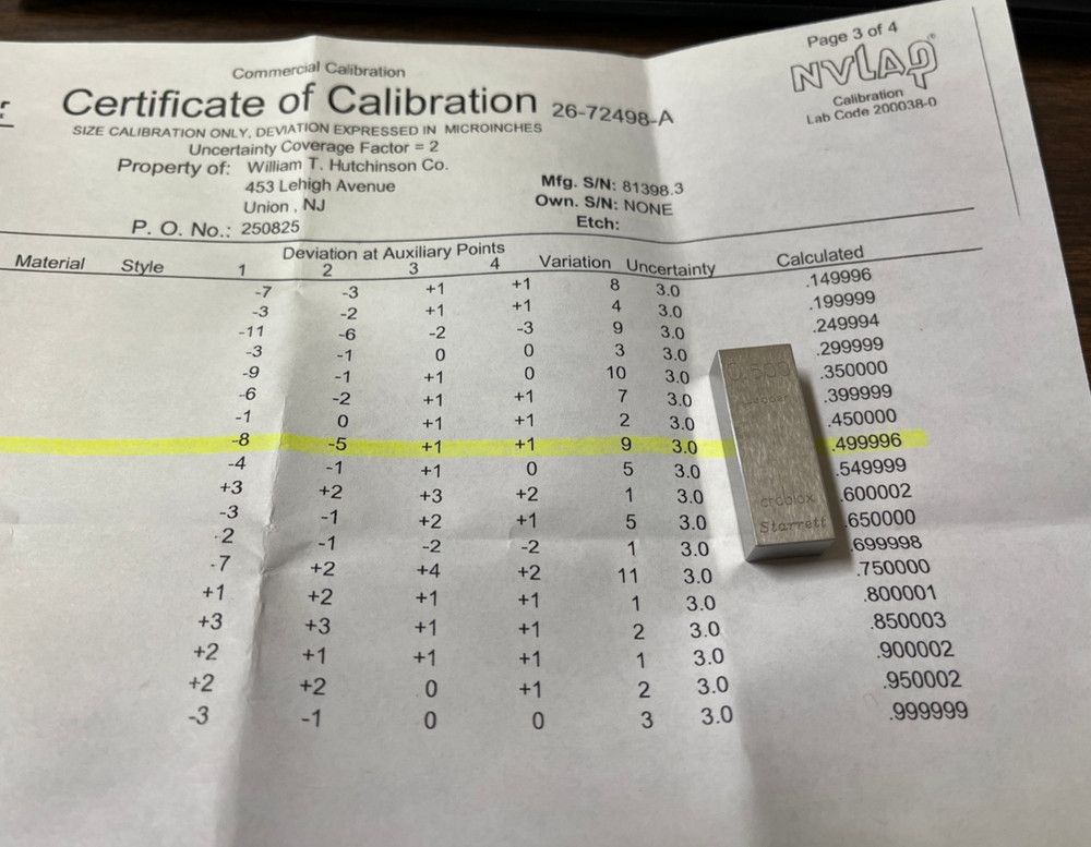 .500" Starrett-Webber Gage Block with certification