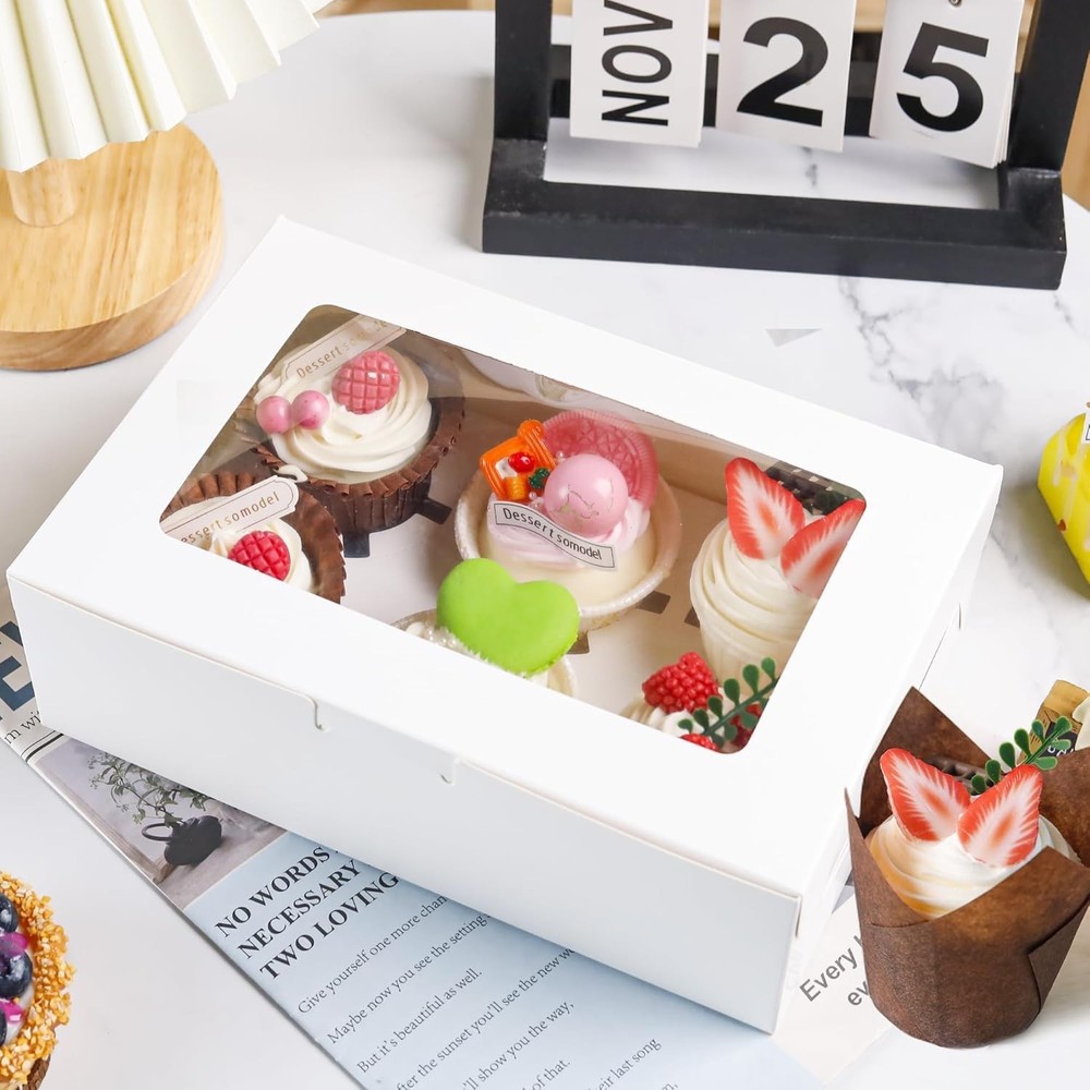 6 Pack Cupcake Boxes with Inserts 6 Holders, White Standard Bakery Boxes with Wi