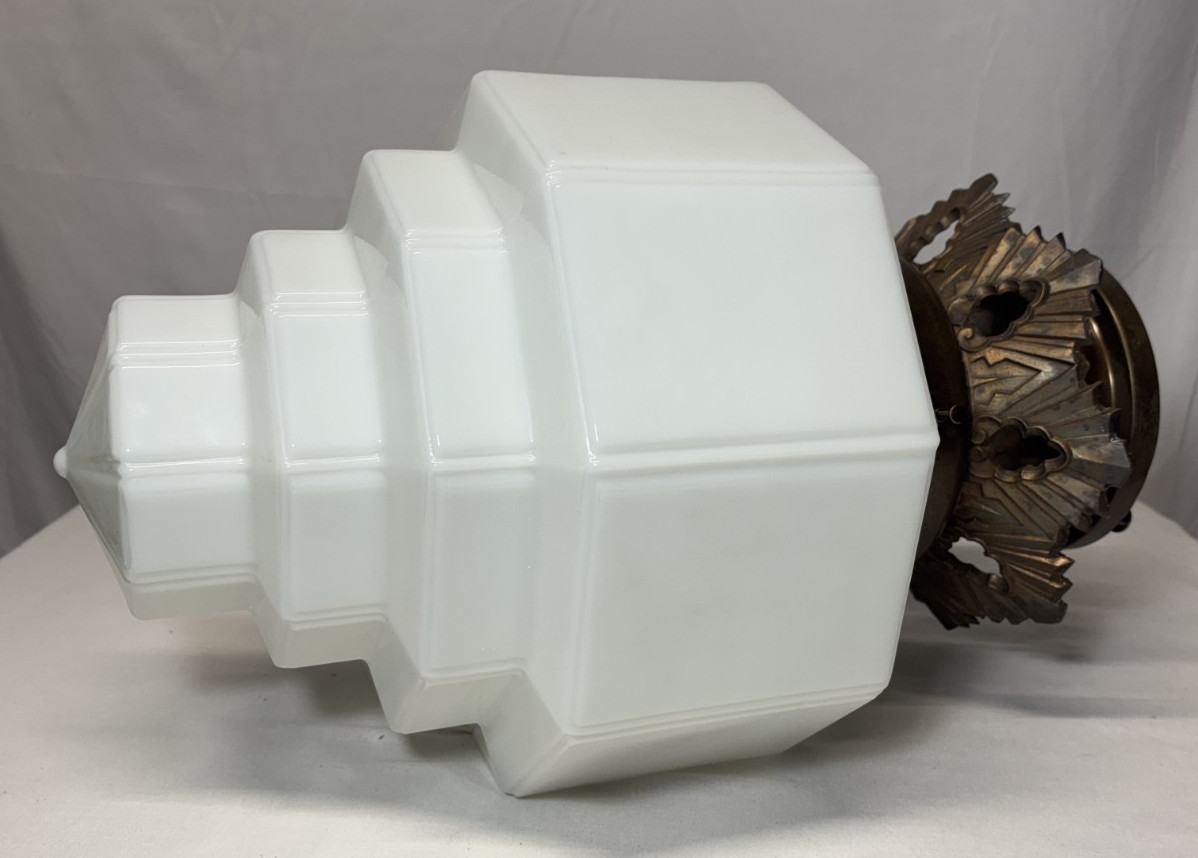 Skyscraper Light Fixture Ceiling Flush Brass Vtg Art Deco Glass Shade USA #L39