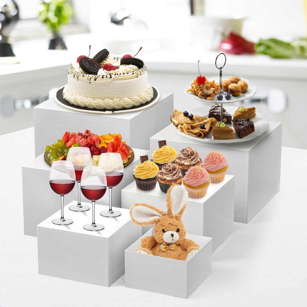 6-Piece White Stackable Display Risers for Desserts – Multi-Sized Food Stands...