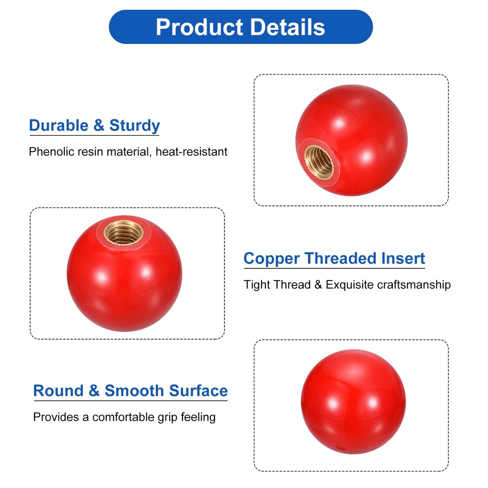3Pcs M10 Copper Thread 35mm Dia Threaded Ball Knobs for Machine Handle, Red