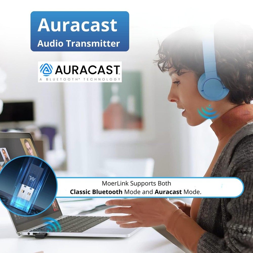 MoerLink Bluetooth 5.3 Auracast Audio Transmitter – USB Plug-and-Play Adapter...