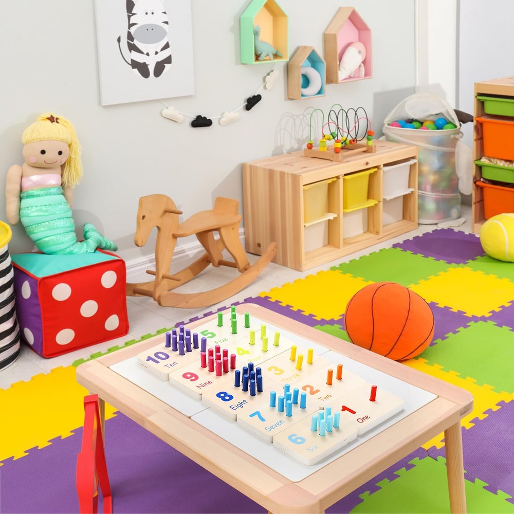 Suwimut Wooden Counting Peg Board, Kindergarten Math Multicolored