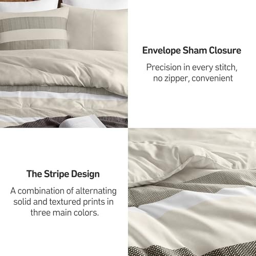 Comforter Set, 3 Pieces Striped Bed Set, Soft Brushed Microfiber Queen Neutral
